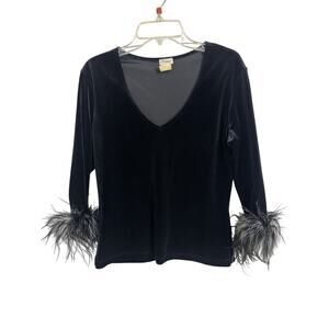 Vtg 90s Black Velvet Feather Cuff Top Whimsigoth Dark Fairy Small Mob Wife